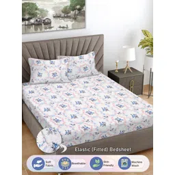 FABINALIV White & Blue Floral 300 TC King Bedsheet with 2 Pillow Covers-picture-37