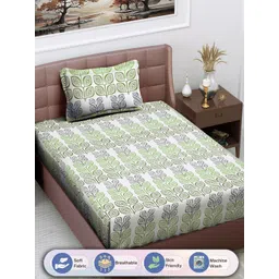 FABINALIV White & Green Floral Printed 300 TC Single Bedsheet With 1 Pillow Cover-picture-24