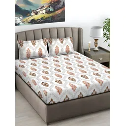 FABINALIV White & Grey Floral 300 TC Flat King Bedsheet with 2 Pillow Covers image 1