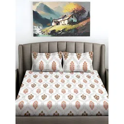 FABINALIV White & Grey Floral 300 TC Flat King Bedsheet with 2 Pillow Covers image 2