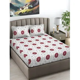 FABINALIV White & Maroon Floral 300 TC Flat King Bedsheet with 2 Pillow Covers-picture-28
