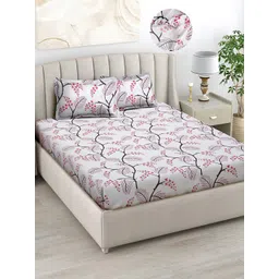 FABINALIV White & Pink Floral 300 TC Fitted King Bedsheet with 2 Pillow Covers-picture-38