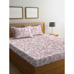 FABINALIV White & Pink Floral Fitted 300 TC King Bedsheet With 2 Pillow Covers-picture-25