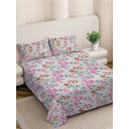 FABINALIV White & Pink Floral Printed 300 TC King Bedsheet 2.50 m X 2.25 m-picture-17