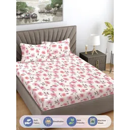 FABINALIV White & Pink Floral Printed 300 TC King Bedsheet With 2 Pillow Covers image 1