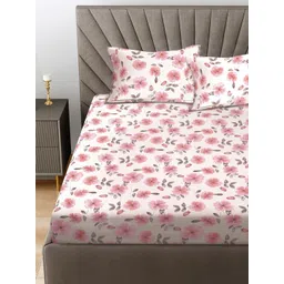 FABINALIV White & Pink Floral Printed 300 TC King Bedsheet With 2 Pillow Covers image 4
