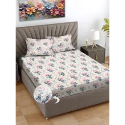 FABINALIV White & Pink Floral Printed 300 TC King Fitted Bedsheet With 2 Pillow Covers-picture-11