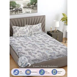 FABINALIV White Ethnic Motifs Printed 300 TC King Fitted Bedsheet With 2 Pillow Covers-picture-19