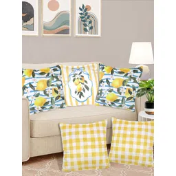 FABINALIV Yellow & Blue 5 Pieces Geometric Velvet Reversible Square Cushion Covers-picture-38