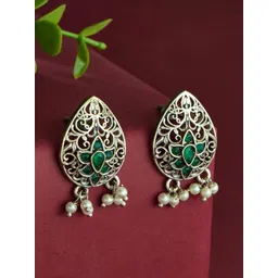 Fabindia Artificial Stones Studded And Pearls Beaded Teardrop Shaped Drop Earrings-picture-31