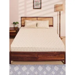 Fabindia Beige & Off White Floral Printed Cotton 144 TC Queen Bedsheet Set 2.74 m X 2.74 m-picture-37