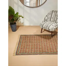 Fabindia Beige & Red Kalamkari Printed Cotton Dhurries-picture-39