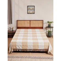 Fabindia Beige & White Checked Cotton 120 TC Double Bed-King Bed Cover-picture-16