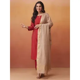 Fabindia Beige Cotton Silk Blend Woven Dupatta-picture-12