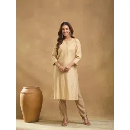 Fabindia Beige Cotton Silk Embroidered Long Kurta-picture-34