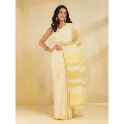 Fabindia Beige Linen Regular Fit Woven Design Sarees-picture-34