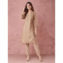 Fabindia Beige Viscose Silk Regular Fit Solid Kurta-picture-29