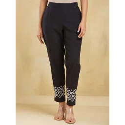 Fabindia Black Cotton Comfort Fit Embroidered Trousers image 1