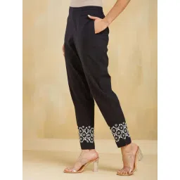 Fabindia Black Cotton Comfort Fit Embroidered Trousers image 3