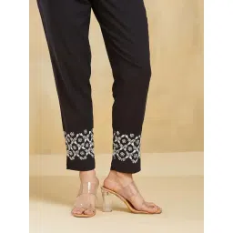 Fabindia Black Cotton Comfort Fit Embroidered Trousers image 4
