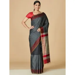Fabindia Black Silk Striped Saree Without Blouse-picture-11