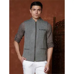 Fabindia Black Slim Fit Herringbone Nehru Jacket-picture-11