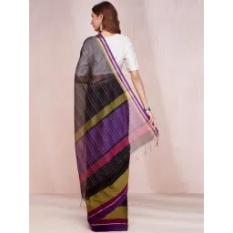 Fabindia Black Striped Saree Without Blouse image 2