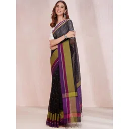 Fabindia Black Striped Saree Without Blouse image 3