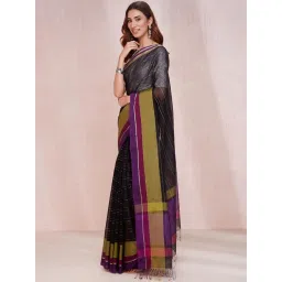 Fabindia Black Striped Saree Without Blouse image 4