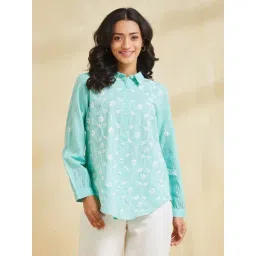Fabindia Blue Comfort Fit Embroidery Shirt-picture-30