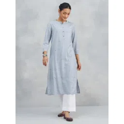 Fabindia Blue Cotton Blend Hand Woven Long Kurta-picture-42