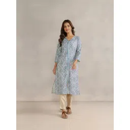 Fabindia Blue Cotton Hand Block Printed Long Kurta-picture-36
