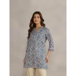 Fabindia Blue Cotton Hand Block Printed Slim Fit Short Kurta-picture-37