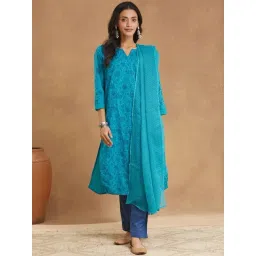 Fabindia Blue Cotton Regular Fit Printed Kurta With Dupatta-picture-24