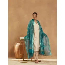 Fabindia Blue Cotton Silk Blend Hand Block Printed Dupatta-picture-43