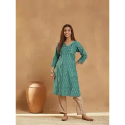 Fabindia Blue Cotton Silk Hand Block Printed Knee Length Kurta-picture-39