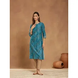 Fabindia Blue Cotton Silk Hand Block Printed Long Kurta-picture-10