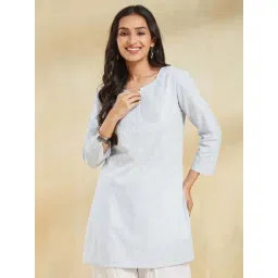 Fabindia Blue Cotton Slim Fit Embroidered Kurti-picture-28