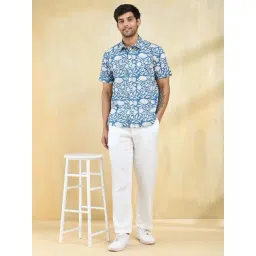 Fabindia Blue Cotton Straight Fit Floral Print Shirts image 5