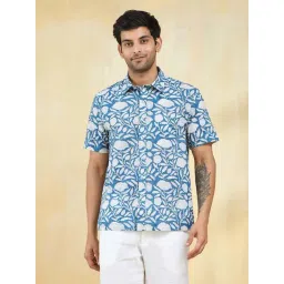 Fabindia Blue Cotton Straight Fit Floral Print Shirts image 1