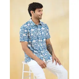 Fabindia Blue Cotton Straight Fit Floral Print Shirts image 4