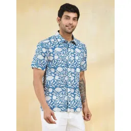 Fabindia Blue Cotton Straight Fit Floral Print Shirts image 3