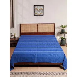 Fabindia Blue Striped Hand Woven Cotton 120 TC Double Bed-King Bed Cover-image-36