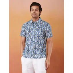 Fabindia Blue-White Cotton Straight Fit Printed Shirt-picture-31