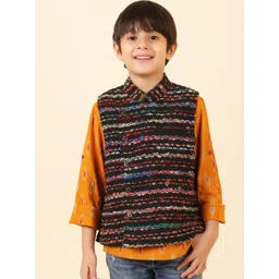 Fabindia Boys Black & Blue Embroidered Cotton Woven Nehru Jackets-picture-13