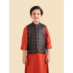 Fabindia Boys Charcoal Woven Design Silk Blend Nehru Jacket-picture-11