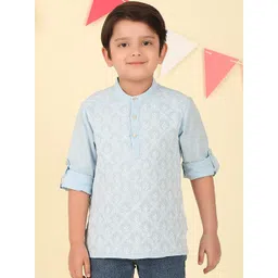 Fabindia Boys Floral Embroidered Cotton Chikankari Band Collar Short Kurta-picture-25
