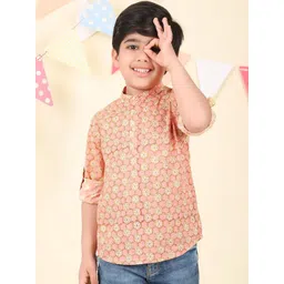 Fabindia Boys Floral Printed Roll-Up Sleeves Thread Work Cotton Kurta-picture-22