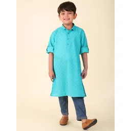Fabindia Boys Geometric Woven Design Shirt Collar Thread Work Straight Cotton Kurta-picture-41