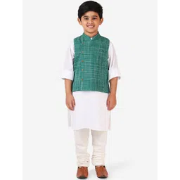 Fabindia Boys Green & White Woven Design Woven Pure Cotton Bana Nehru Jacket-picture-24